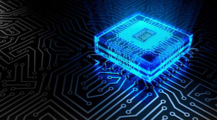 Illustration of a blue computer chip in the centre of a circuit board