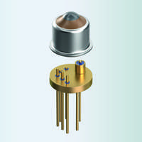 3D-rendered exploded view of gold-plated electronic component with pins and dome-shaped lens.
