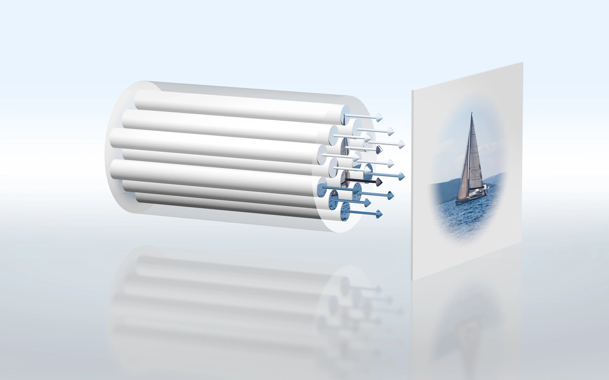 Illustration of how a glass optical fiber image guide transfers an image of a sail boat