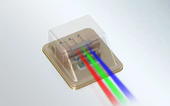 Electronic package with red, green and blue light signals.
