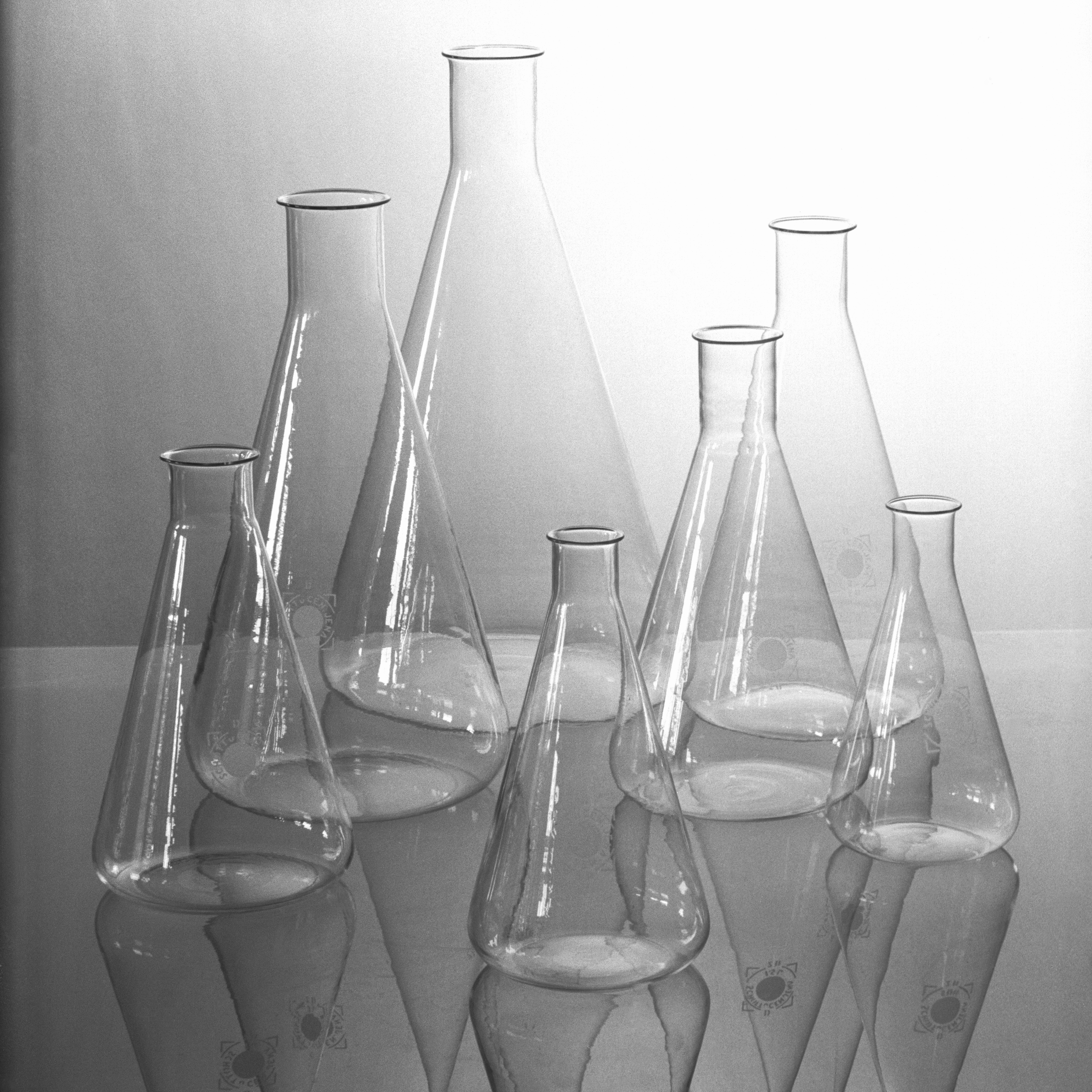 Selection of clear glass laboratory flasks	