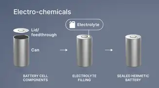 Illustration showing the process of hermetically sealing electrolytes in a battery cell using a lid with a feedthrough.