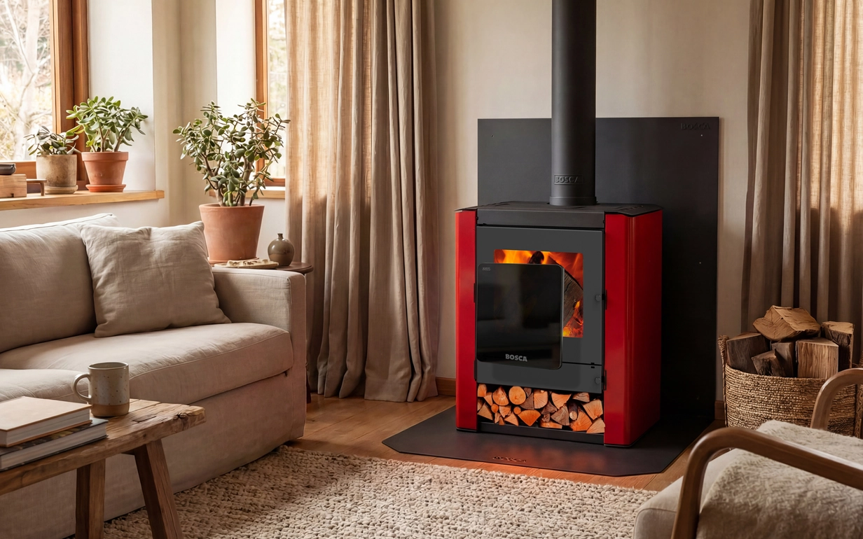 Wood fireplace Gold 500 from the black vision line by Bosca in a cozy living room.