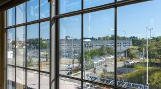 Interior view of the Bromma Stockholm Airport glass façade