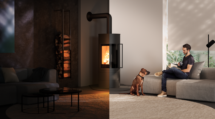Men and dog relaxing on a a couch in front of a curved wood fireplace with ROBAX® NightFlame fire-viewing panel