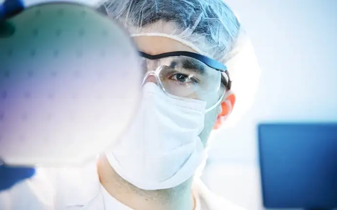 Scientist in a laboratory inspecting a glass wafer