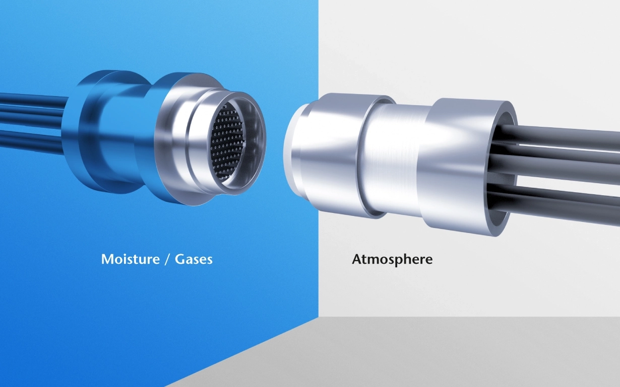 Two silver connectors in a sectional view