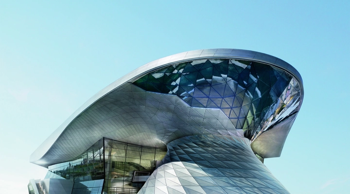 Exterior view of the BMW Welt communication center in Munich, Germany