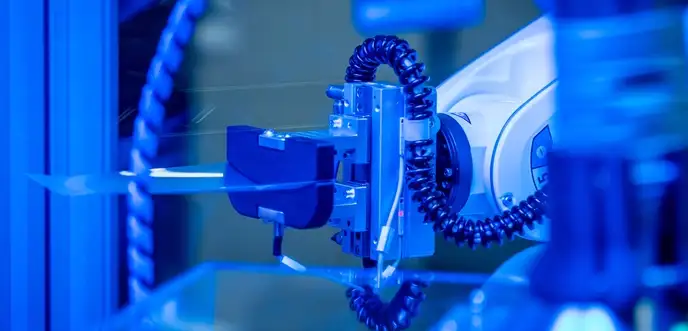 Close-up of a robotic arm with precision tool under blue lighting.
