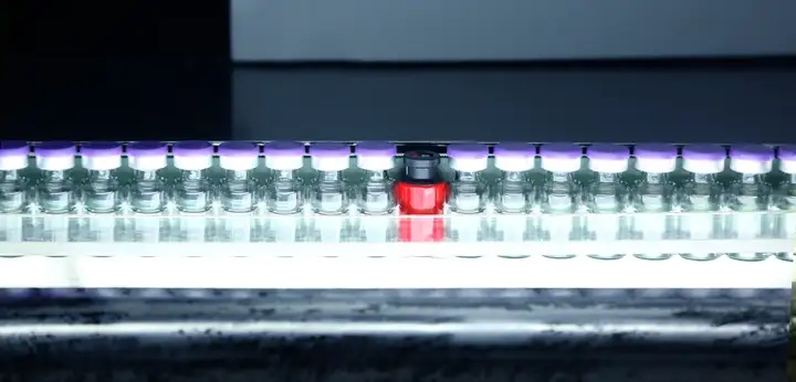Line of pharmaceutical glass vials on a filling line with a red vial in the center