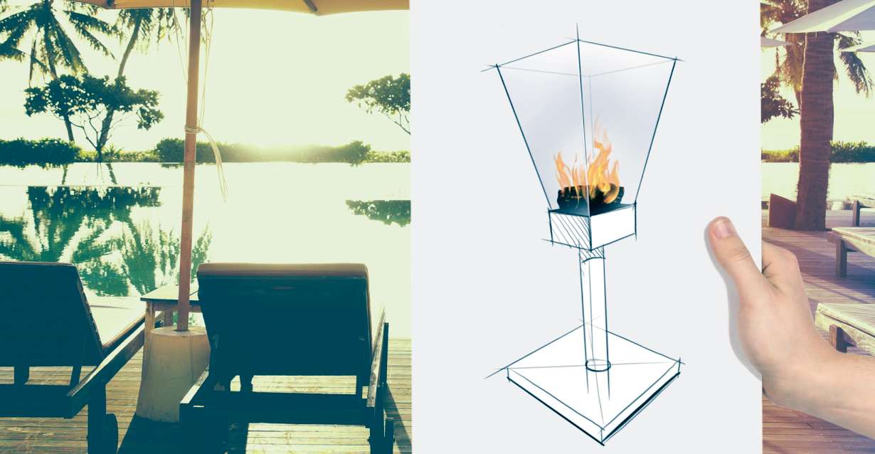 Outdoor terrace at sunset with drawing of outdoor fireplace