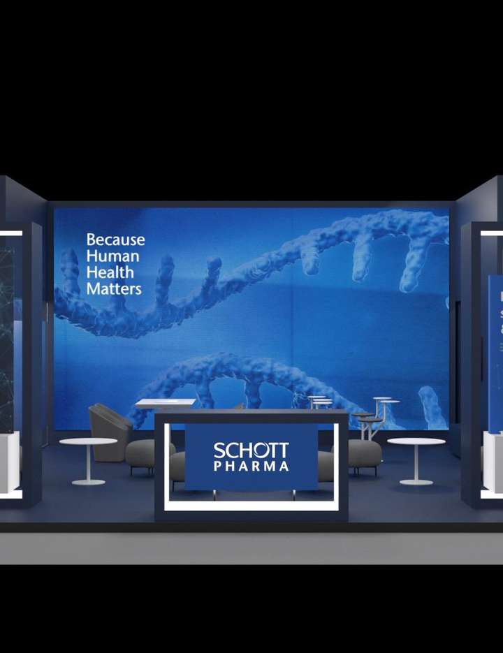 Estande da SCHOTT Pharma na CPHI Worldwide, Frankfurt, em novembro de 2022.