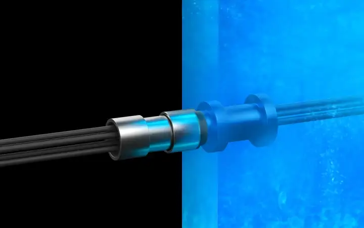 Illustration showing a hermetically sealed connector and blue background representing water.