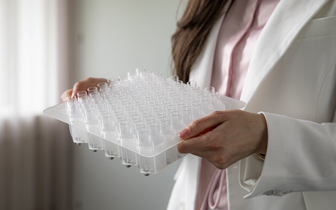 Woman holding a so-called nest with carpules in her hands.