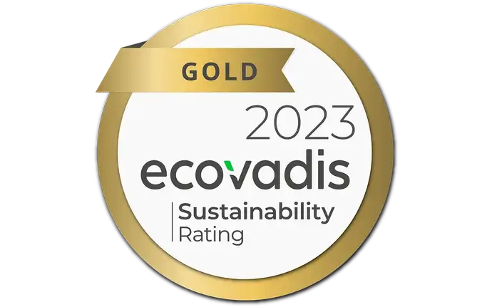 Golden logo with white filling and labelling Gold ecovadis 2023 sustainability rating