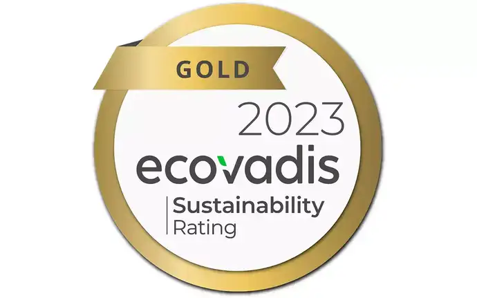 Golden logo with white filling and labelling Gold ecovadis 2023 sustainability rating