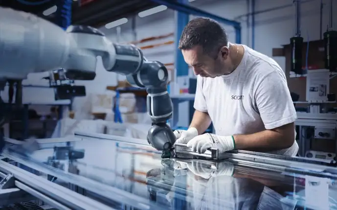 Male SCHOTT employee in the production process of SCHOTT Termofrost® glass doors