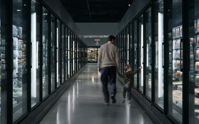 A man and a child walk down an aisle flanked by refrigerated store shelves containing various frozen food items.