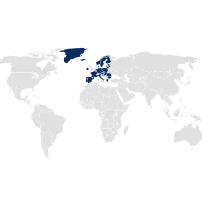 Map of the world with Europe highlighted in blue