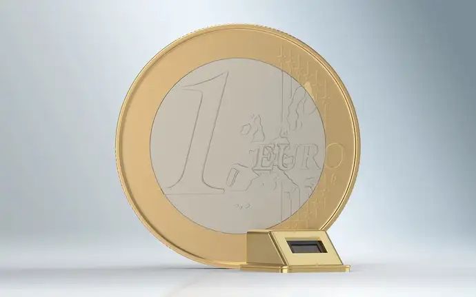 SCHOTT® LightView miniaturized side-emitting package for RGB laser chip next to Euro coin