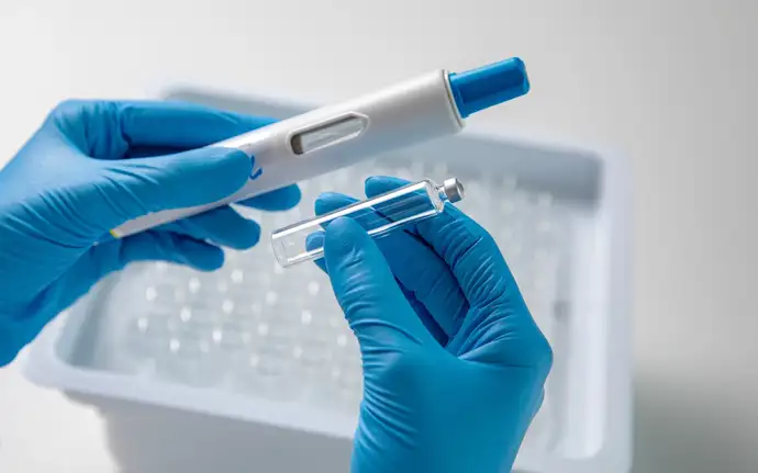 Hands wearing cleanroom gloves hold a large-volume, ready-to-use cartridge. In the background is a so-called nest containing cartridges.