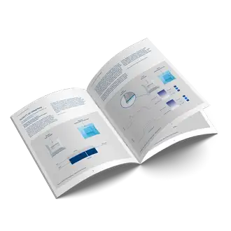 Open product brochure showing SCHOTT iQ Integribag diagrams, blue illustrations, and performance charts.