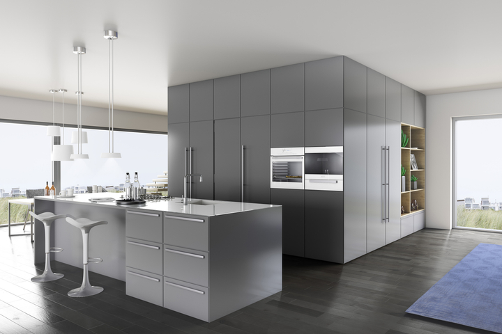 Kitchen front with oven in a clear white 