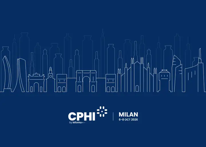 Outline of Milan skyline with "CPHI Milan 6-8 Oct 2026" text on a dark blue background.