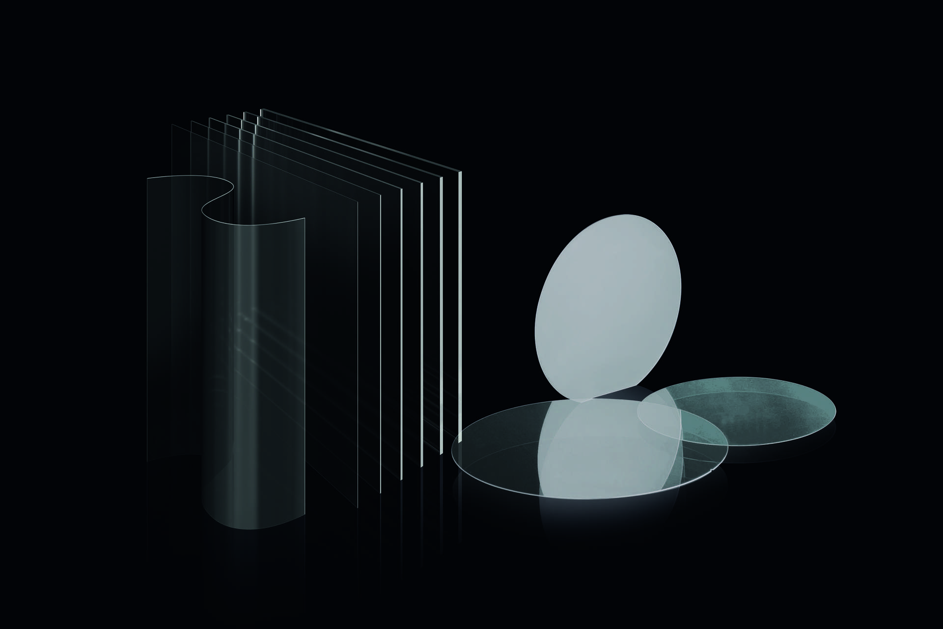 어두운 방에서 서로 직각으로 서로 다른 수준에 떠 있는 많은 흰색 형광등. 그 앞에 "SCHOTT B 270® - Crystal clear Performance.