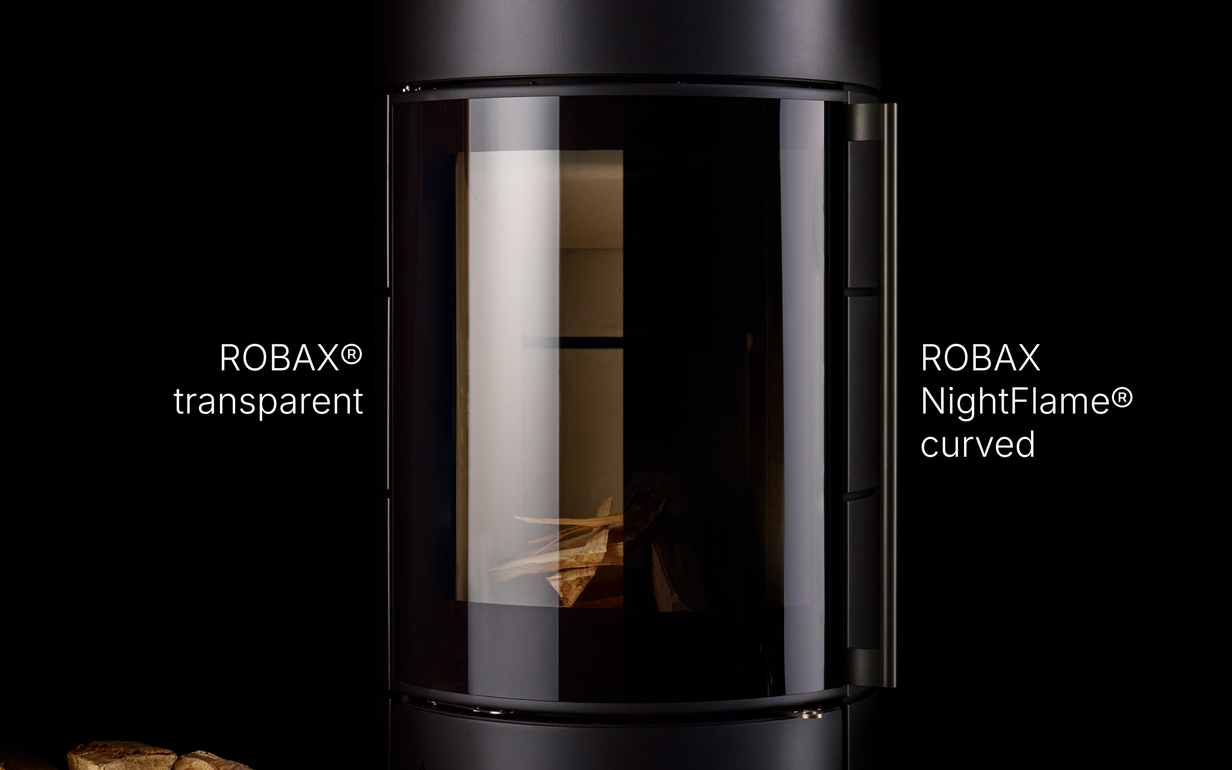 Black fireplace with ROBAX NightFlame® curved without fire.