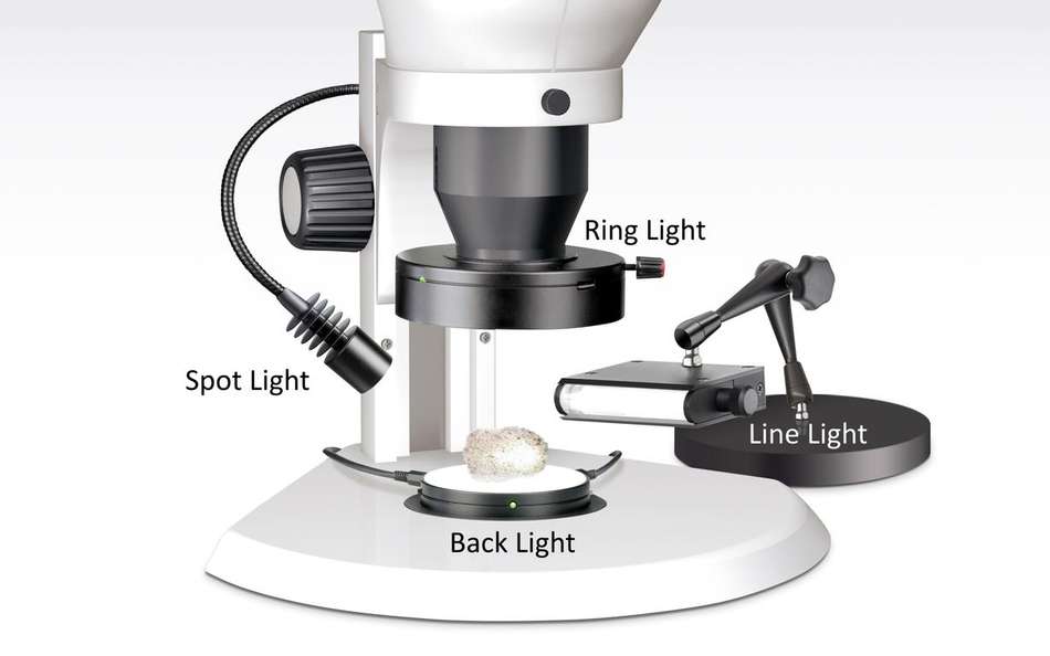Abbildung eines Stereomikroskops mit Ringlicht, Spot, Durchlichttisch und Linienlicht