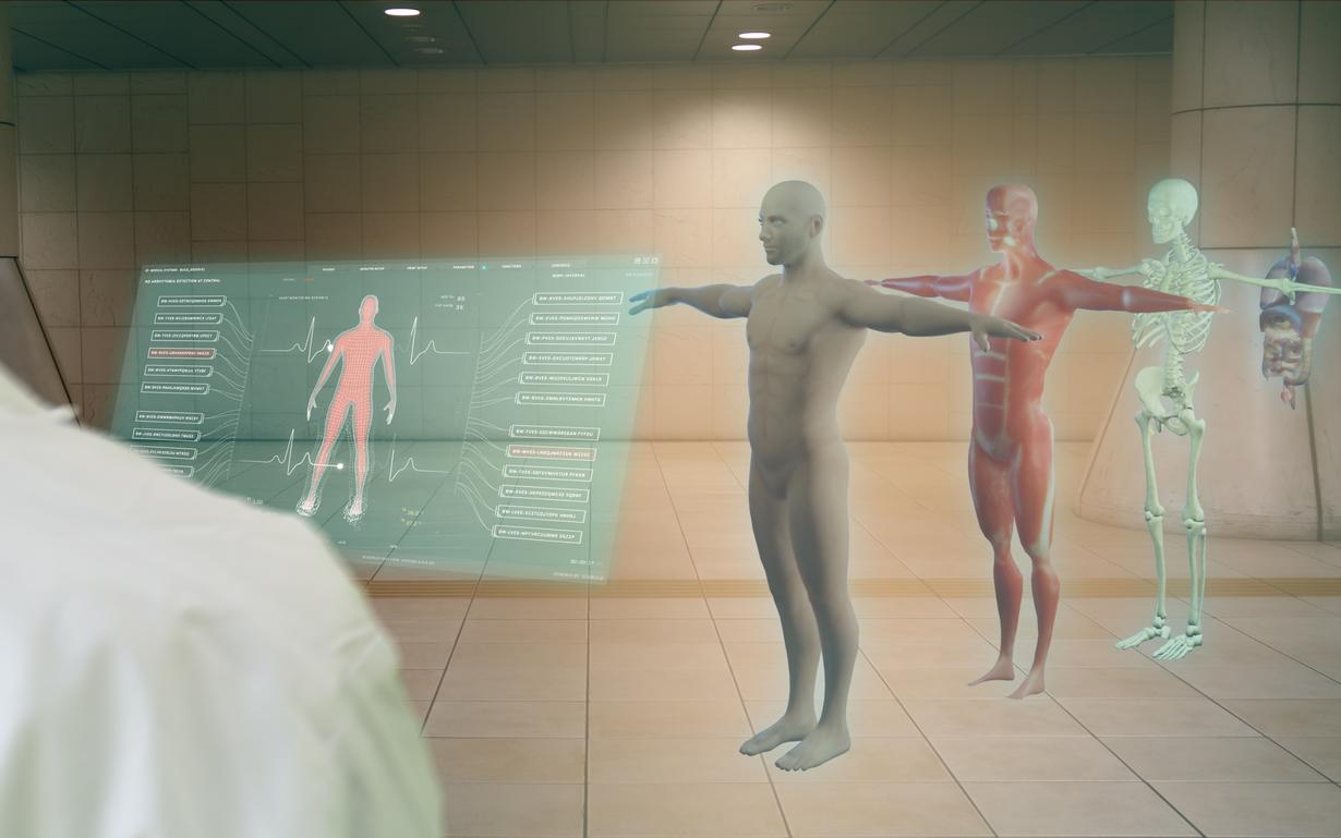 A medical student uses augmented reality to project different layers of the human body