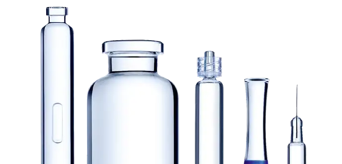 Pharmaceutical packaging made of glass: cartridge, vial, ampoule, and syringe with rubber stopper