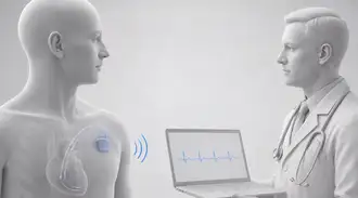Monochrome 3D illustration of a patient with a chest implant transmitting data wirelessly to adoctor’s laptop