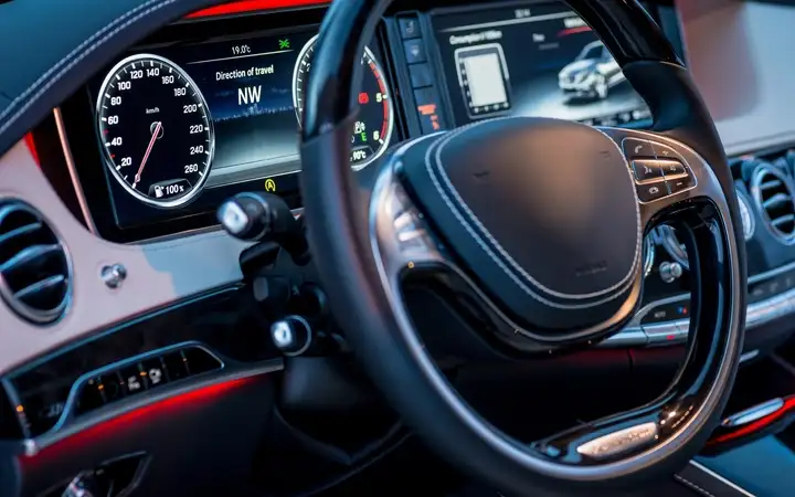 Interior of a vehicle with steering wheel and dashboard display