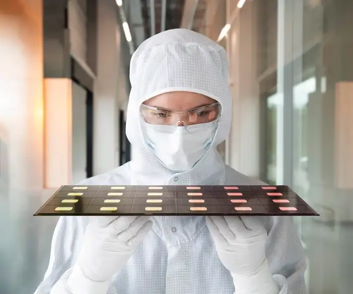 Scientist inspecting glass-based semiconductor packaging