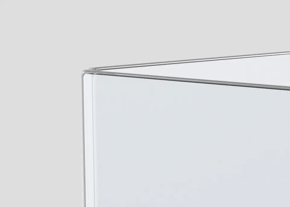 Two angular bent fire-viewing panels, one with a standard bending edge and one with an ideal bending edge