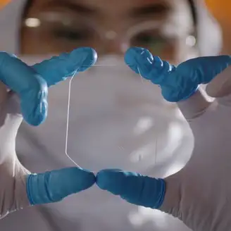 Person with medical face mask and gloves holding precious geometric reflective waveguide.