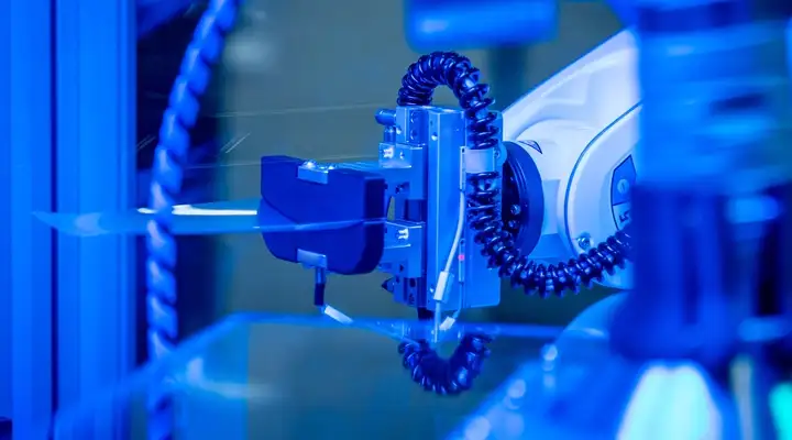 Close-up of a robotic arm with precision tool under blue lighting.