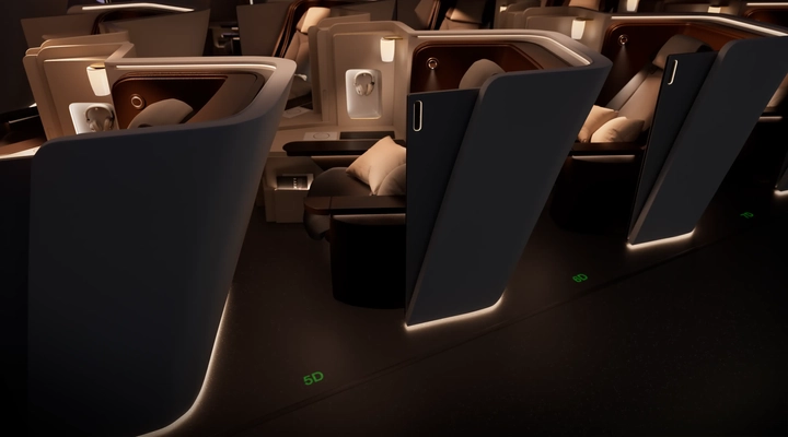 Premium airplane cabin with spacious seats and privacy dividers