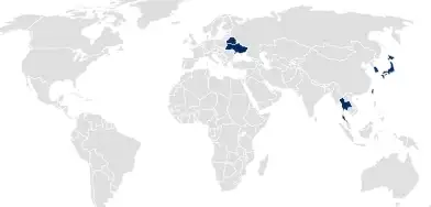 World map with countries of the national product registration highlighted in blue