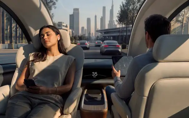 Interior view of an autonomous vehicle with two passengers sitting comfortably. A futuristic cityscape is visible outside.