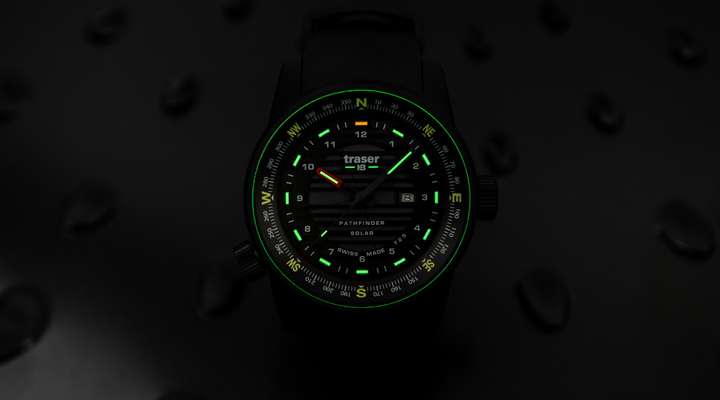 Traser P68 Pathfinder Solar watch dial at night. Copyright: traser