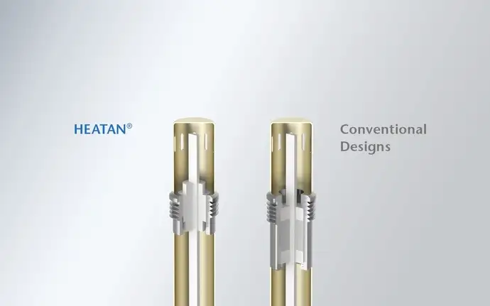 Diagram of two feedthroughs, one using a conventional design and the other SCHOTT HEATAN®