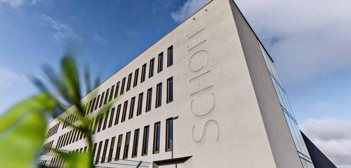 SCHOTT Pharma building in Müllheim with trees