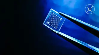 A tiny glass-enclosed chip held in tweezers.