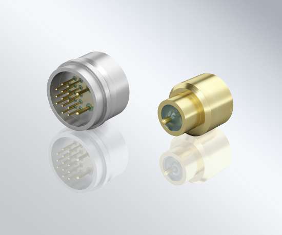 Two connectors, one with multiple pins and one with a single pin, featuring glass-to-metal sealed feedthroughs