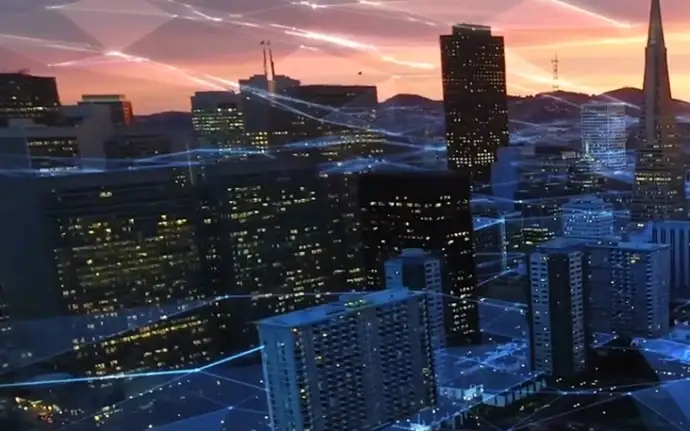 View of a digital city at sunset