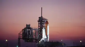 Rocket launch pad with spacecraft prepared for takeoff