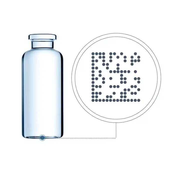 Vial de vidrio farmacéutico con código de matriz de datos para seguimiento y localización 